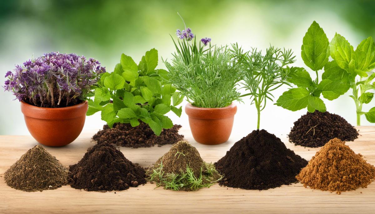 A image showing different types of soil and herbs, representing the need for choosing the right soil for cultivating medicinal herbs.