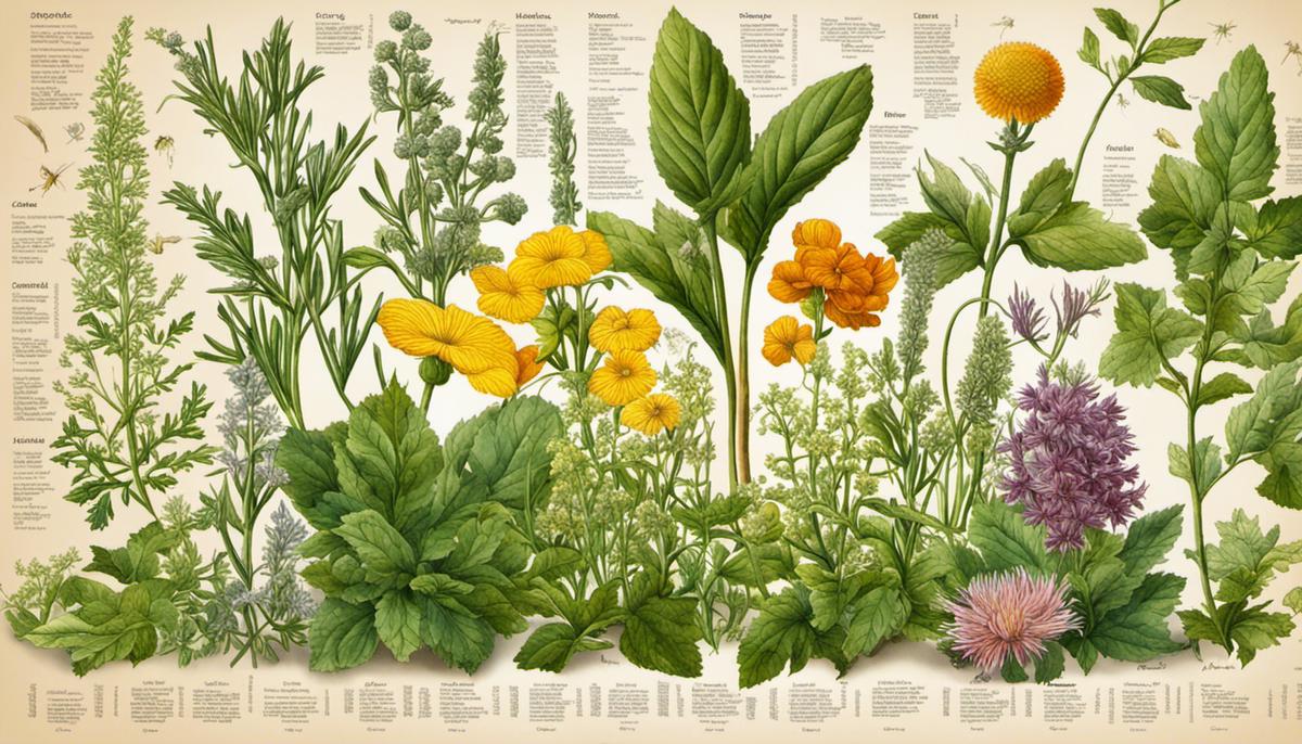 Illustration of various medicinal herbs with their names labeled.