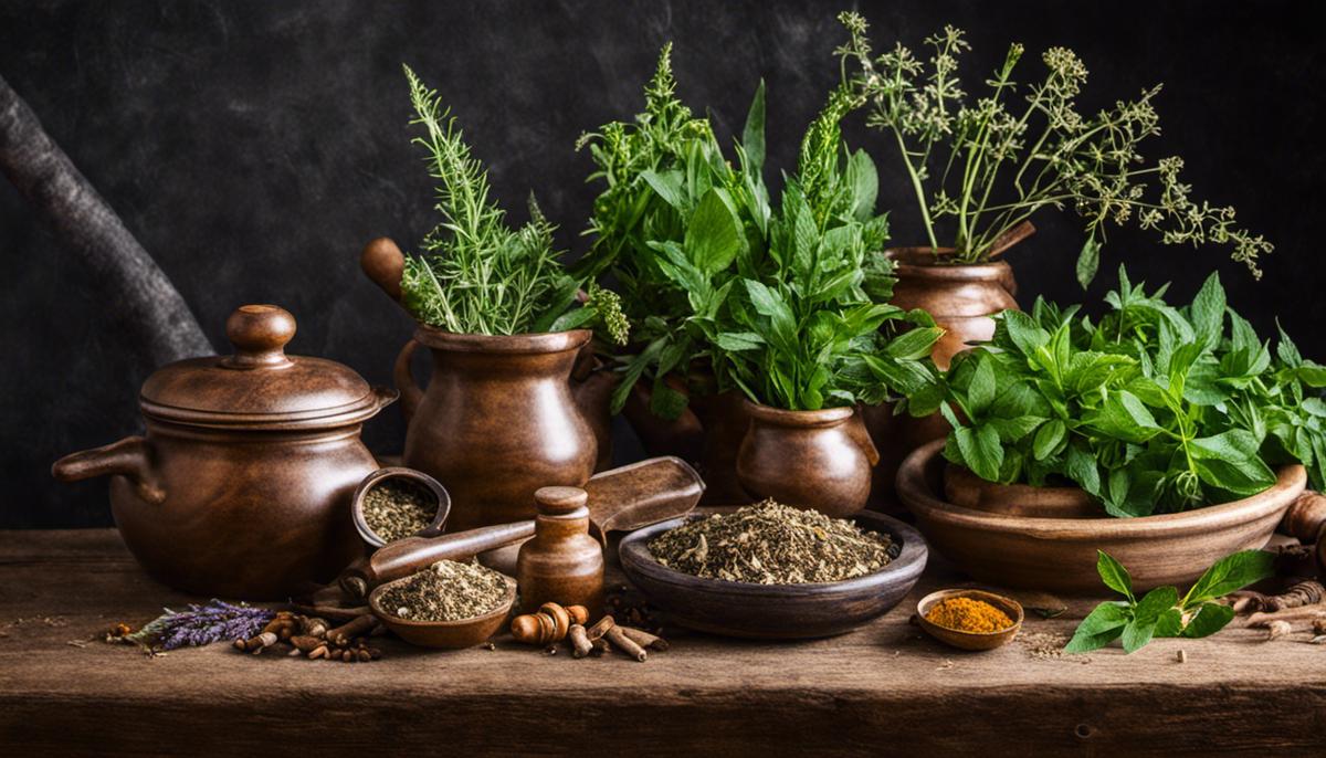 Image of various medicinal herbs and tools used for herbal medicine