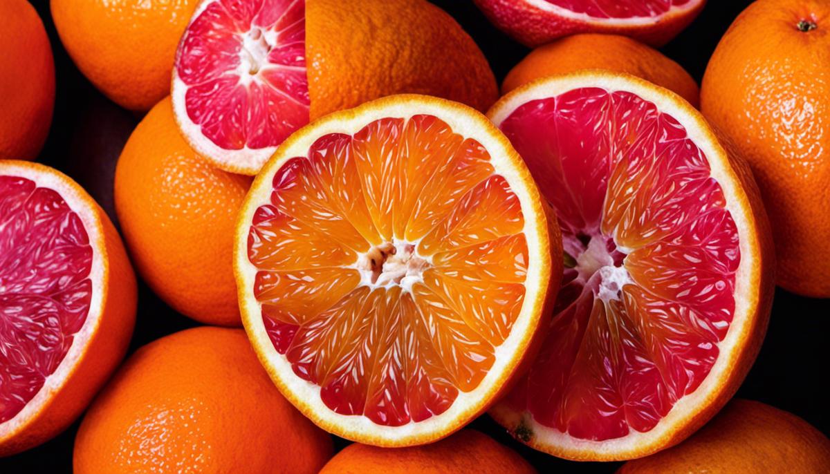 A photo of cara cara oranges sliced open, showing their vibrant pink flesh.