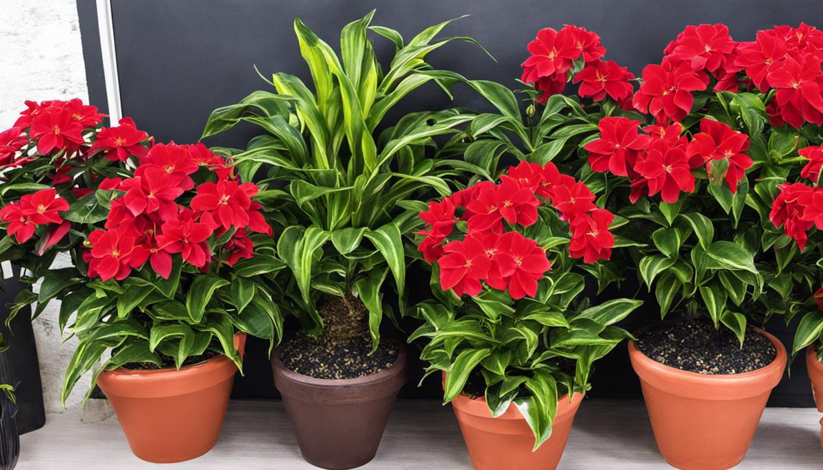 A variety of red flowering indoor plants in pots, brightening up a room with their vibrant colors.