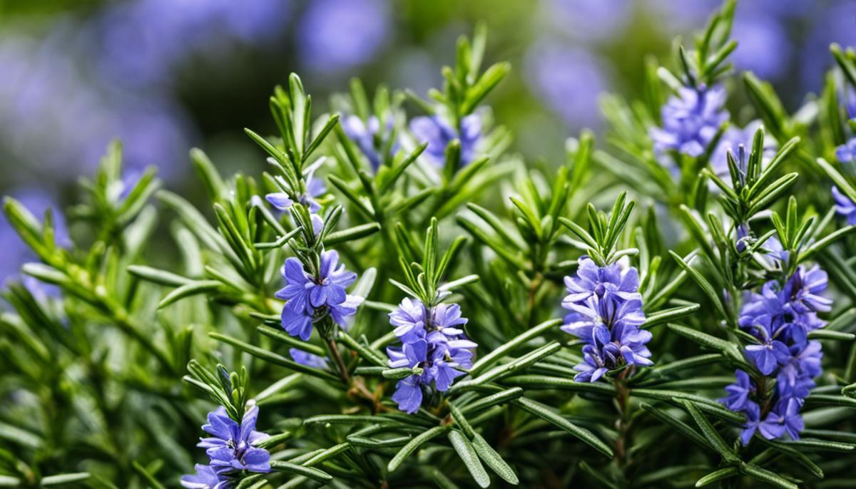 A close-up image of a healthy rosemary plant with lush green leaves and blue blooms.