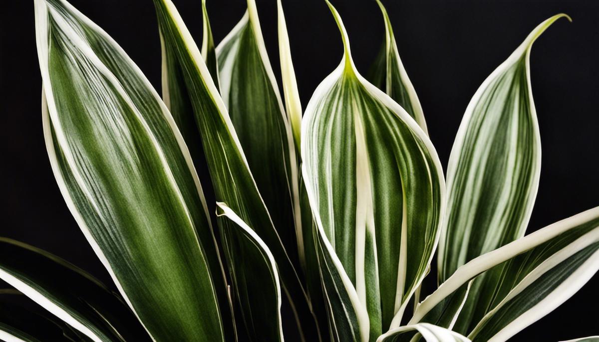 A close-up photo of Sansevieria zeylanica, showcasing its tall leaves with band patterns and snake-like scales. The leaves are dark green and smooth, with cream or white blossoms during flowering.